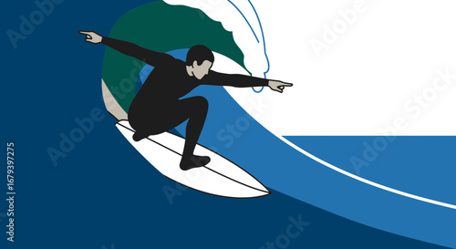 Surfer Riding A Powerful Wave, Balancing Effortlessly Ocean Illustration