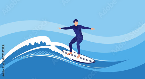 Surfer Riding a Powerful Wave in a Dynamic and Energetic Blue Abstract Ocean