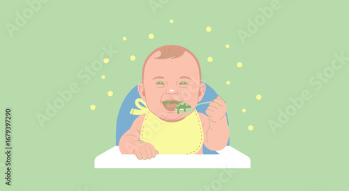 Smiling Baby Enjoying Spoonful Of Food Cartoon Illustration, Eating Time, Baby Nutrition