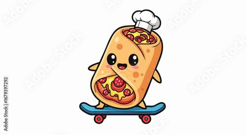 Happy cartoon burrito chef riding skateboard with a smile.