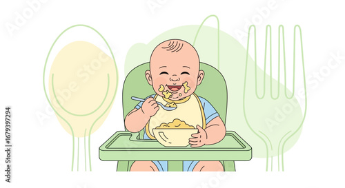 Smiling Baby Eating Food in a High Chair with Spoon and a Full Bowl of Food