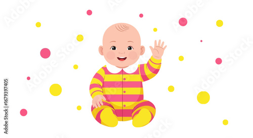 Smiling Baby In Striped Outfit With Polka Dots Greeting And Looking Upward