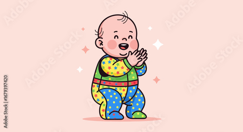 Smiling Baby Joyfully Clapping Hands In Colorful Outfit Against Pastel Background
