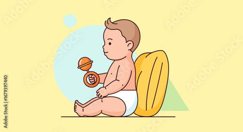 Smiling Baby Playing With Rattle, Sitting Next To A Cushion, Vector Illustration