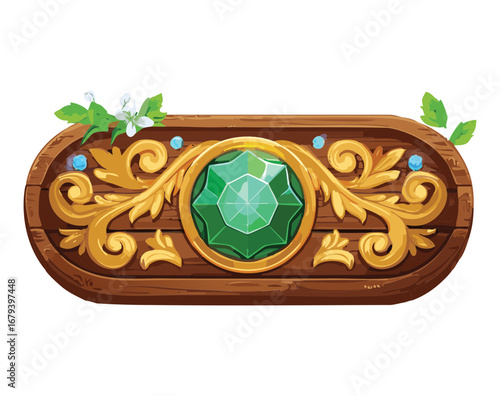 An ornate wooden plaque featuring a large emerald gemstone surrounded by detailed gold scrollwork.