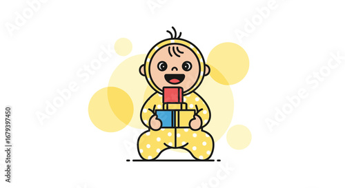 Smiling Baby Playing with Colorful Cubes in a Playful and Joyful Cartoon Illustration
