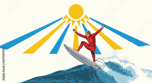 Surfer riding a wave in front of a sunburst illustration during summertime activities