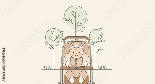 Smiling Baby Sitting In A Stroller While Enjoying The Fresh Air Around The Park
