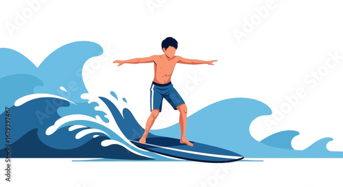 Surfer Riding a Wave in The Ocean During Beautiful Summer Days, Sport Illustration