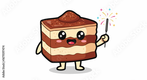 Cute Kawaii Tiramisu Cake Character Holding a Sparkler.