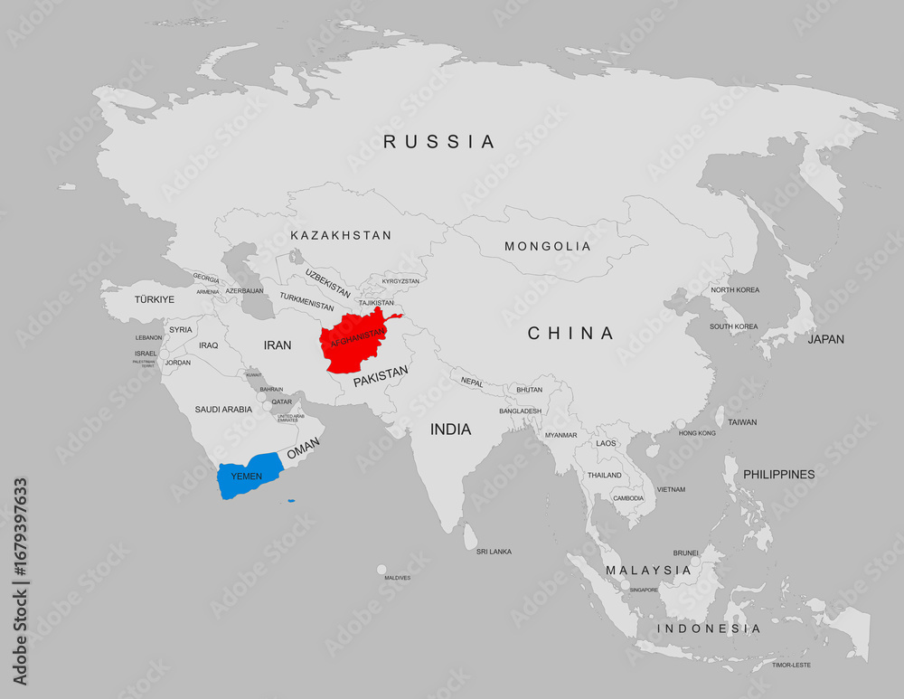 Fototapeta premium Political map showing Afghanistan and Yemen with clear country borders