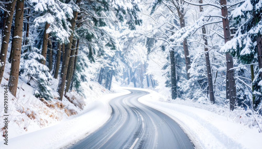 Fototapeta premium Winding winter road through snow-covered forest trees