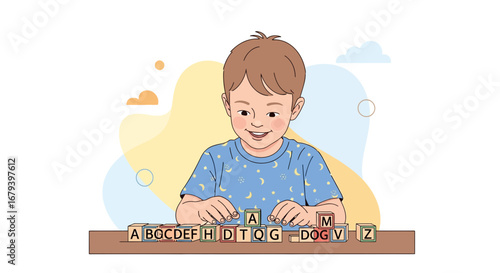 Smiling boy playing with alphabet blocks on the table for education and learning