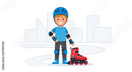 Smiling Boy Ready To Start His Roller Skating Adventure, Sports Fun Activity