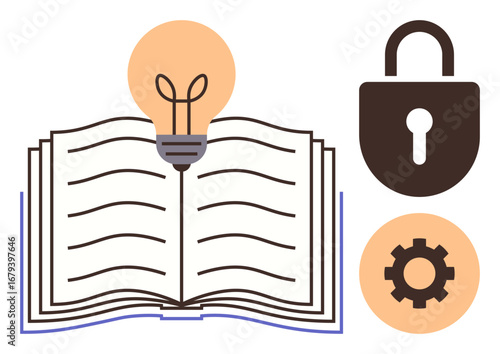 Open book with glowing bulb above, padlock, and gear beside. Ideal for education, creativity, innovation, security, problem-solving intellectual property strategy. A simple flat metaphor