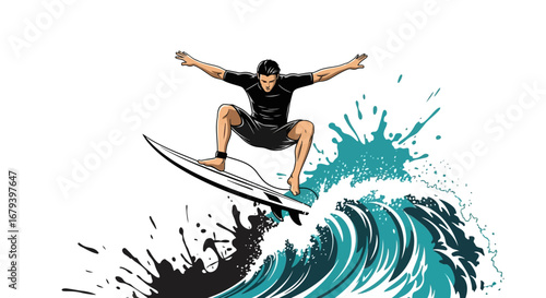 Surfer riding a wave, illustration of a man surfing on the sea, vector design