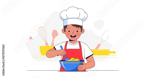 Smiling Cartoon Chef Preparing Food in the Kitchen with Cooking Utensils and Tools