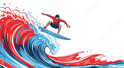 Surfer Riding Enormous Colored Wave Shows Vibrant Action and Skill With Clean Style