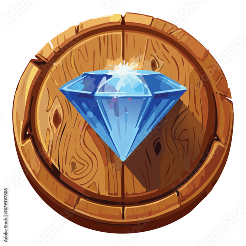 Simple circular wooden emblem with a beautiful faceted blue diamond at its center, a clean and classic design