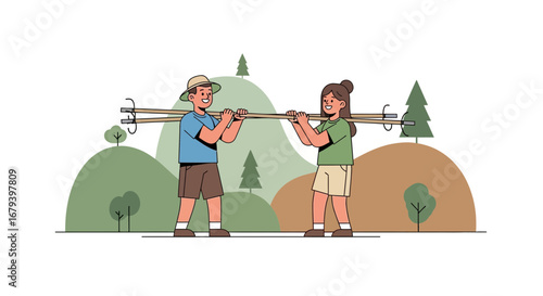 Smiling Couple Carrying Heavy Wooden Piece Together Through The Mountainside
