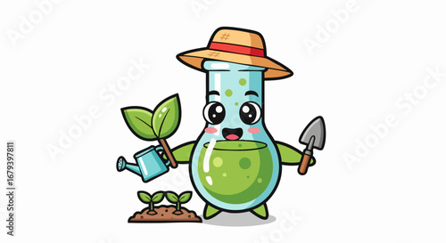 Science Flask Character Gardening with Watering Can and Shovel.