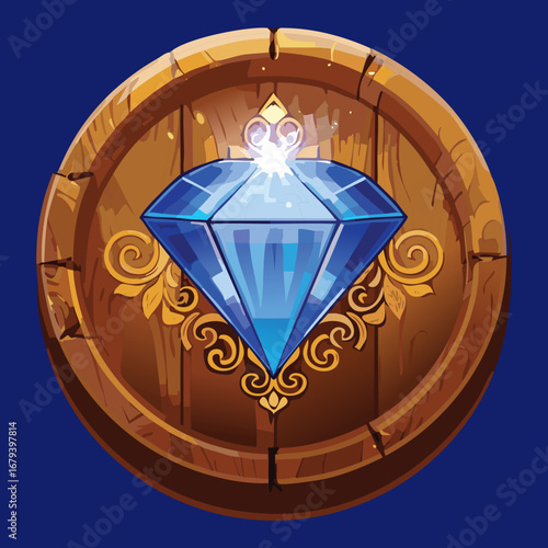 Luxurious golden and wooden plaque with a radiant blue diamond and glowing sunburst effects, a magical and royal fantasy design