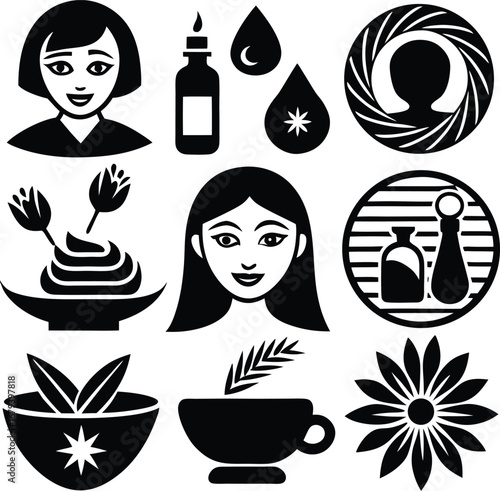 Collection of spa and beauty icons featuring faces flowers droplets and essential oil bottles for wellness branding