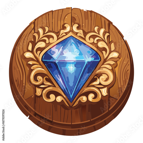 Regal circular wooden emblem with a brilliant blue diamond and intricate golden filigree, a detailed and elegant decorative element