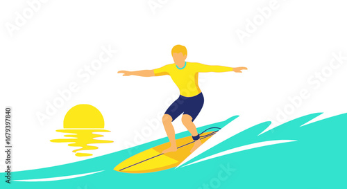 Surfer Riding Wave At Sunset, Vibrant And Energetic, Capturing The Surfing Sport
