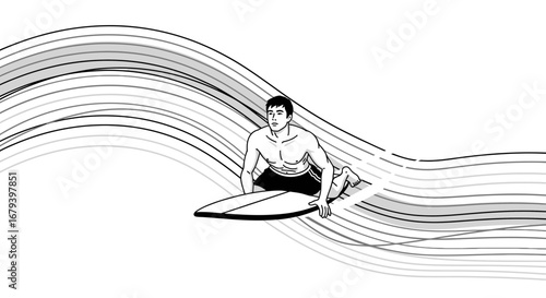 Surfer riding wave, vector illustration of water sport in black and white
