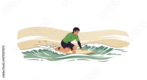Surfer Riding Waves, Summer Recreation Activity By The Ocean Against White Background