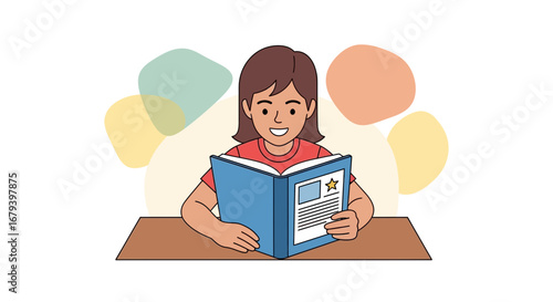 Smiling Girl Reading A Book With Enthusiasm, Learning Concept, Education Illustration