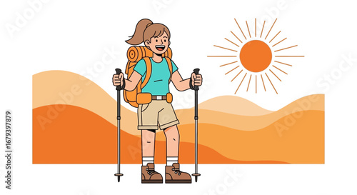 Smiling Hiker Enjoys Scenic Outdoor Adventure With Backpack And Trekking Poles