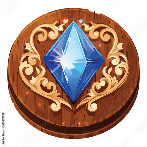 Majestic wooden and golden emblem with a sparkling blue diamond at its center and elegant carved filigree, a regal decorative piece