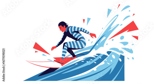 Surfer skillfully riding a wave, surfing vector illustration on white background