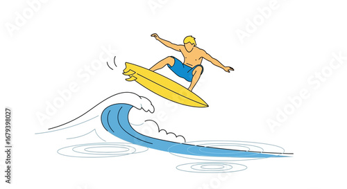 Surfer Soaring Above Ocean Waves, Illustration Depicting Sport And Summertime Adventure