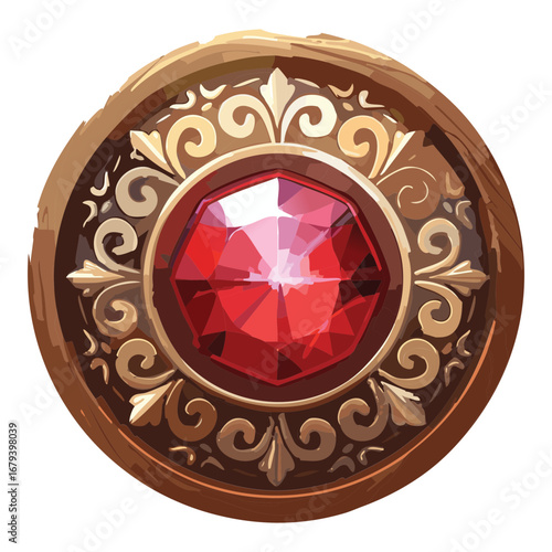 Ornate circular wooden ornament featuring a large, beautiful red gemstone and intricate golden filigree, a rich and luxurious design element