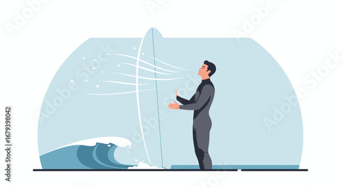 Surfer Standing Beside Surfboard Gazing at the Ocean Waves With Calm and Serenity