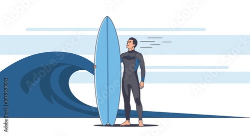 Surfer standing on the beach holding a surfboard with blue ocean waves background