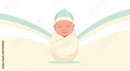 Smiling Newborn Baby Swaddled in a Blanket with a Hat on a Light Background