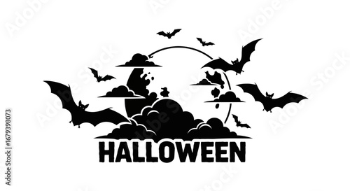 Vector art of halloween bats flying around the moon and clouds