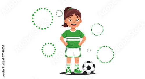 Smiling Little Footballer Standing With Football, Sporting The Green and White Outfit