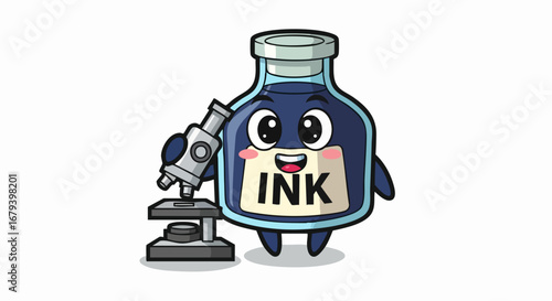 Cute Ink Bottle Character with Microscope Illustration.