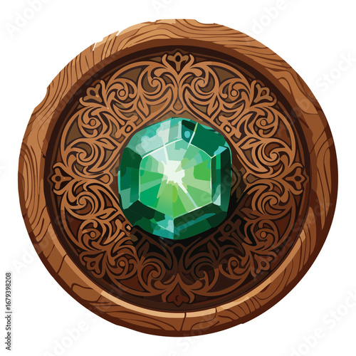 Intricately carved wooden emblem with a magnificent green gemstone, a luxurious and rustic design with a detailed filigree base