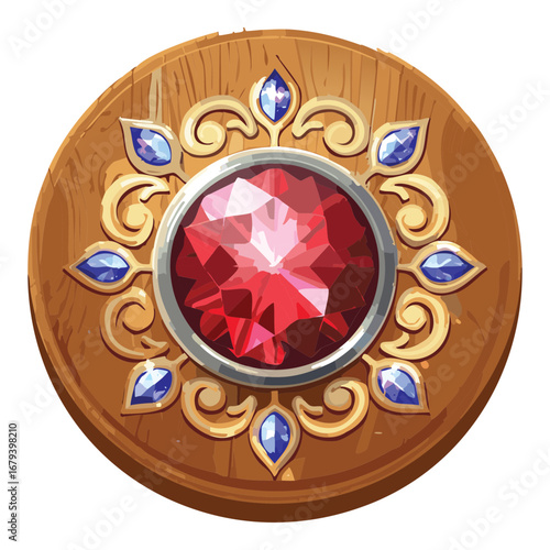 Luxurious wooden and golden ornament with a radiant red ruby and shimmering blue and green jewels, a magical and detailed design