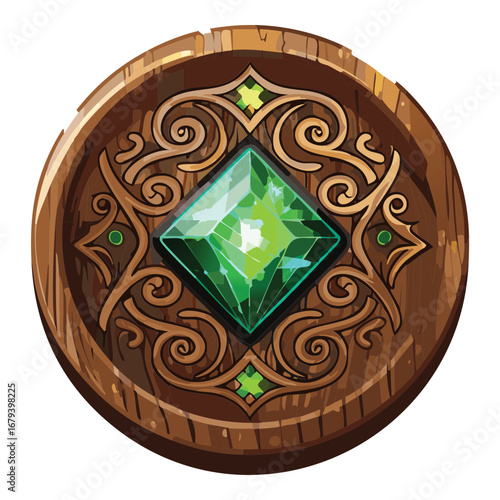 Regal circular wooden emblem with a sparkling green gemstone, a beautifully carved border, and intricate filigree, a luxurious design