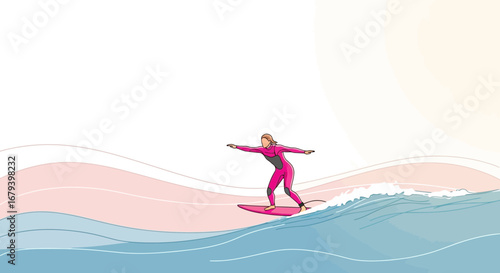 Surfing Athlete on Wave, Coastal Illustration depicting sport, action and ocean fun at daytime