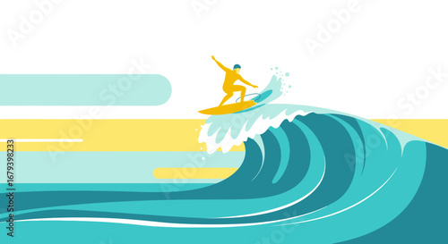 Surfing Adventure: Vibrant Visual Depicting A Surfer Riding A Gigantic Ocean Wave