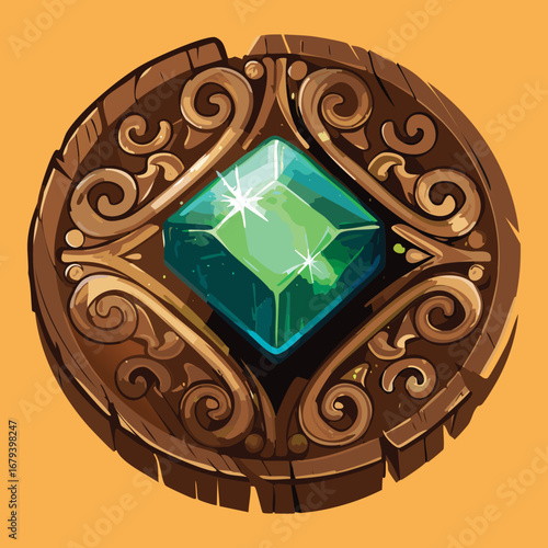 Majestic circular wooden ornament with a prominent green emerald and golden filigree, a regal design on a warm