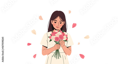 Smiling Woman Holding a Bouquet of Roses with Petals Falling Softly Around